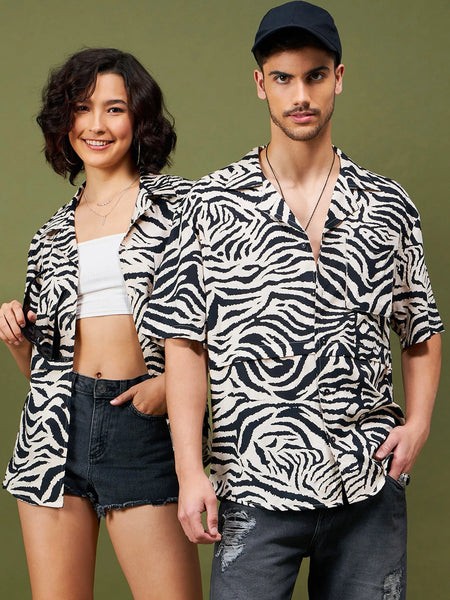 Unisex Beige & Black Animal Print Relax Fit Shirt-MSSHRT20149