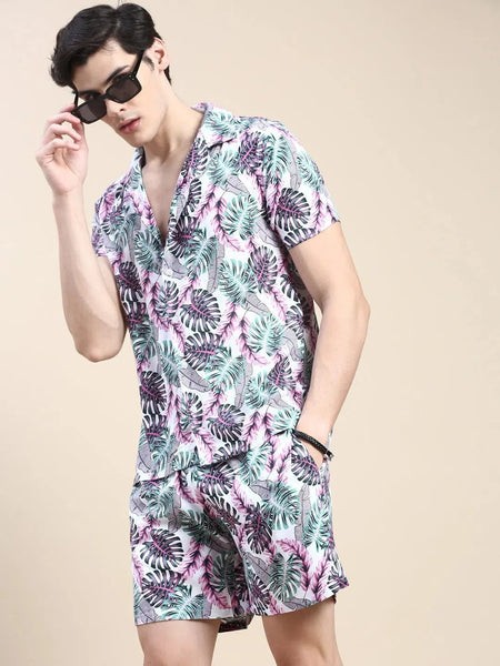 Men White Printed Casual Co ord Set-AM-95-1-White