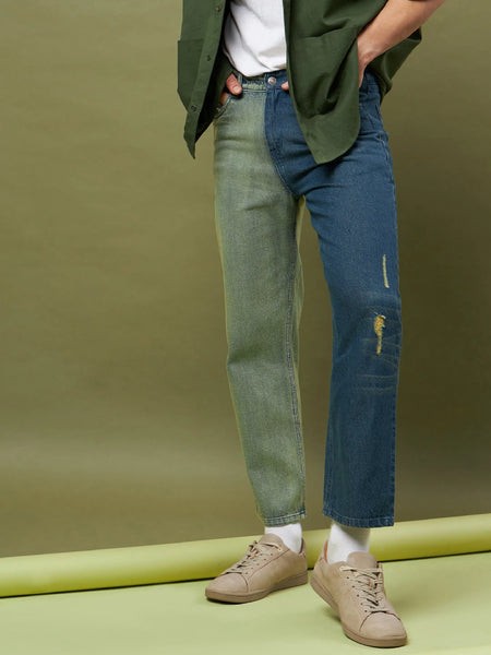 Men Blue & Olive ColorBlock Relax Fit Jeans-MSJEAN0322