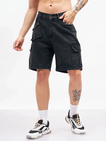Men Black Utility Pocket Denim Shorts-MSSHOR90066