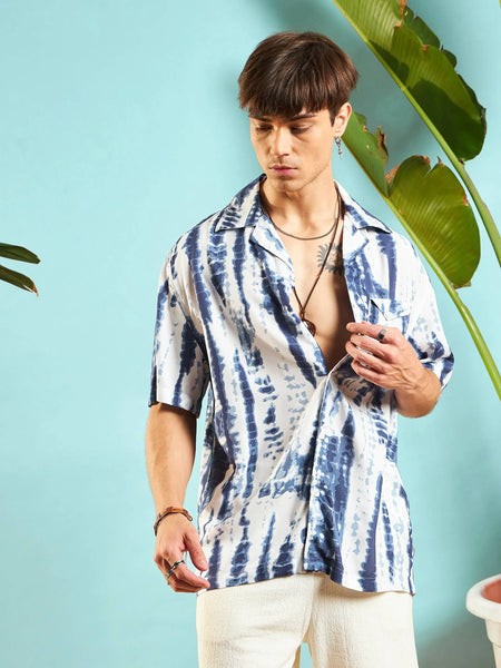 Men White & Blue Tie Dye Relax Fit Shirt-MSSHRT20464