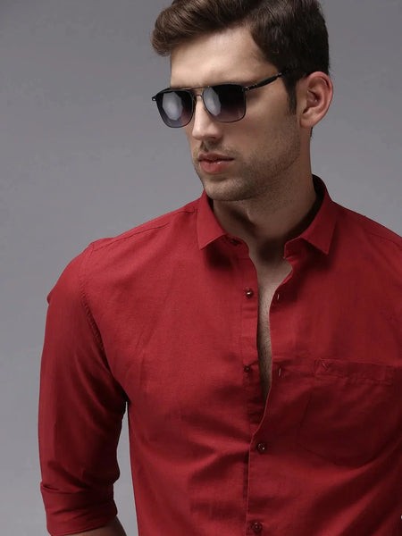 Men Red Solid Casual Shirt-COLINLINEN-1340-Burgundy