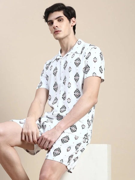 Men White Printed Casual Co ord Set-AM-90-07-White