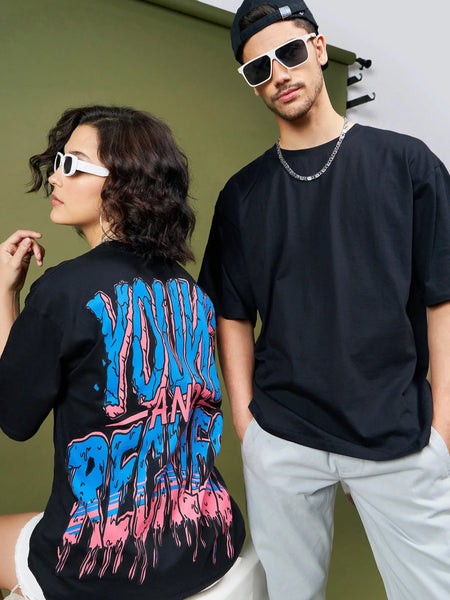 Unisex Black YOUNG & RECKLESS Oversized T-Shirt-MSTOPS41434