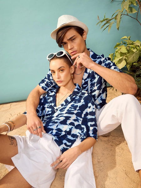 Unisex Navy & White Abstract Print Relax Fit Shirt-MSSHRT20392